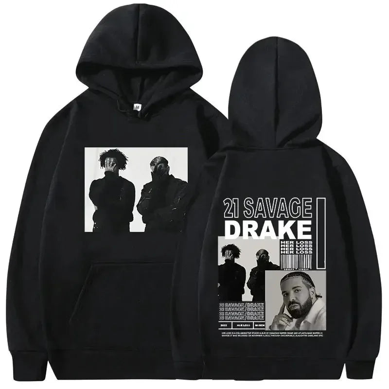 Black hoodie with rapper drake music graphic print and barcode design in hip hop vintage style warm pullovers y2k