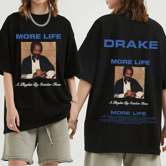 Black oversized t shirt featuring vintage gothic hip hop drake graphic and more life playlist print for streetwear