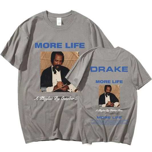 Gray cotton rapper drake t shirt with black and white more life album graphic and blue text vintage gothic hip hop style