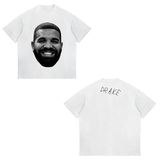 White short-sleeved t-shirt with black-and-white halftone Drake portrait on front and handwritten name on back