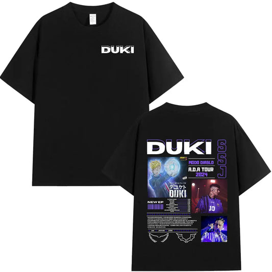 Black cotton short-sleeved t-shirt featuring rapper duki graphic print with purple and white text for hip hop streetwear