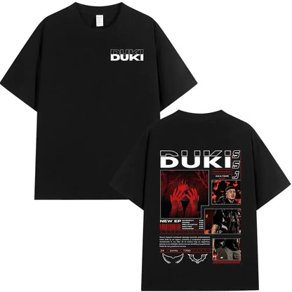 Black short-sleeved cotton t-shirt featuring duki graphic design white and red text tour dates and logos for hip hop streetwear