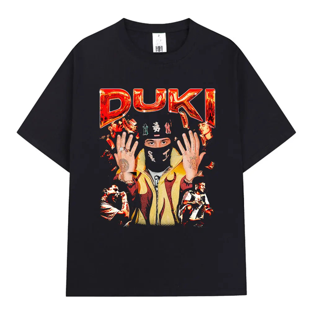 Black cotton oversized short-sleeve t-shirt featuring rapper duki with fiery red lettering and illustrated figures for streetwear