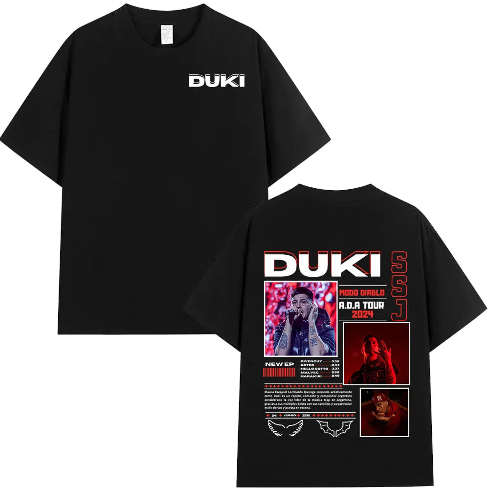 Black cotton short-sleeved oversized t-shirt featuring rapper duki graphic for ADA tour 2024 streetwear
