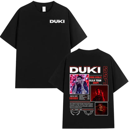 Black cotton short-sleeved oversized t-shirt featuring rapper duki graphic for ADA tour 2024 streetwear