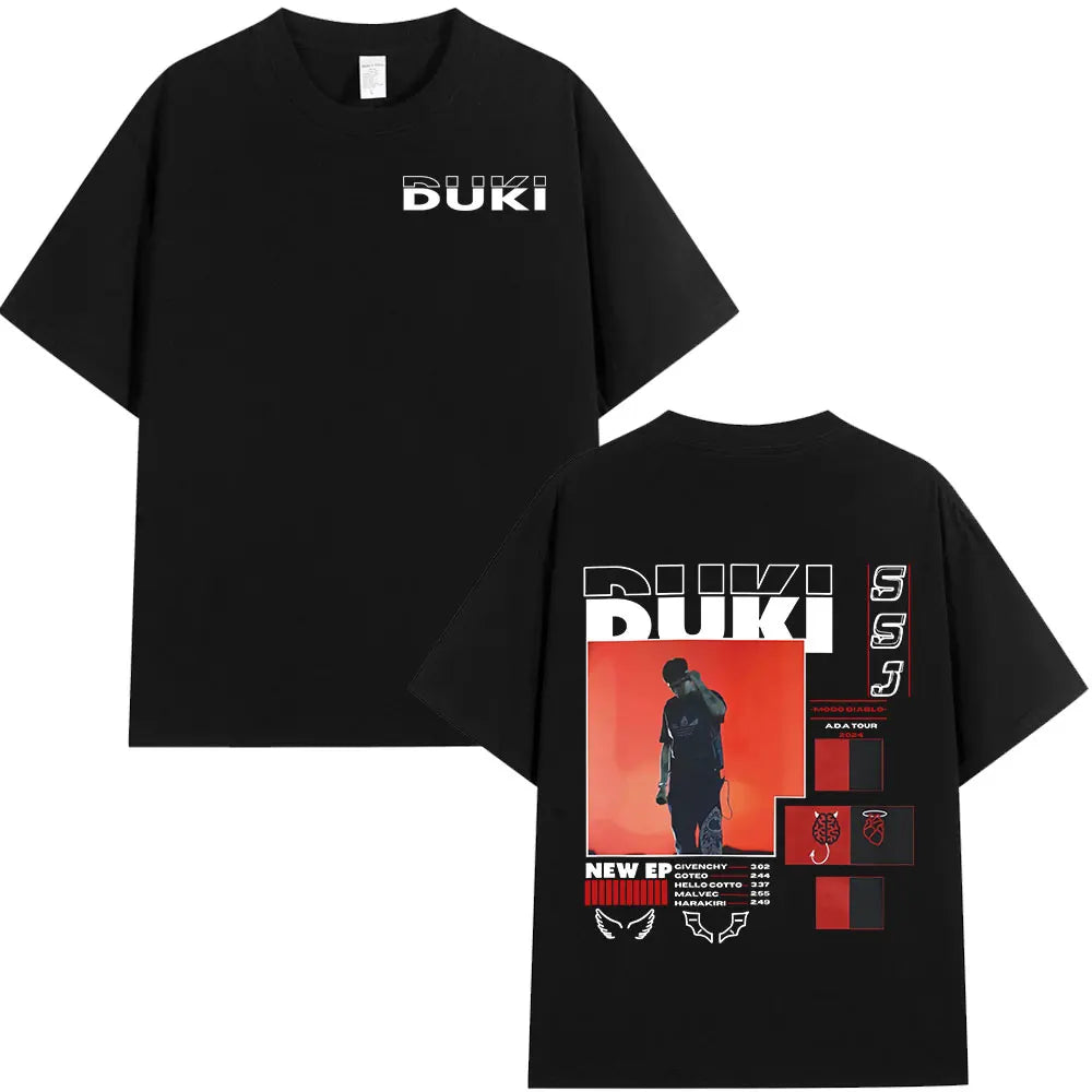 Black cotton oversized short-sleeved t-shirt featuring rapper Duki ADA tour graphic print with red and white text