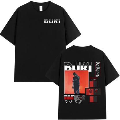 Black cotton oversized short-sleeved t-shirt featuring rapper Duki ADA tour graphic print with red and white text