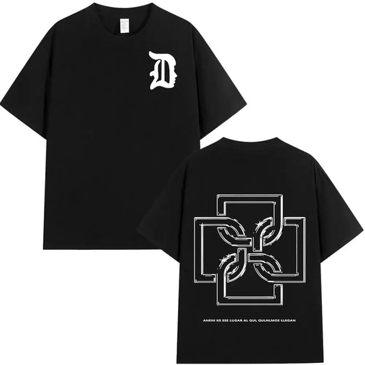 Black short-sleeved cotton rapper Duki ADA tour merch t-shirt with white stylized d on chest and geometric back design