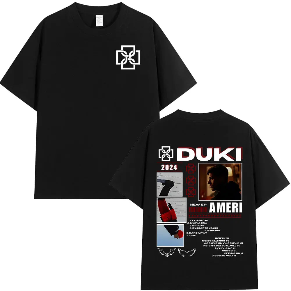 Black short-sleeved cotton t-shirt featuring a white cross logo front and duki ameri 2024 ep graphic design on back
