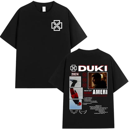Black short-sleeved cotton t-shirt featuring a white cross logo front and duki ameri 2024 ep graphic design on back