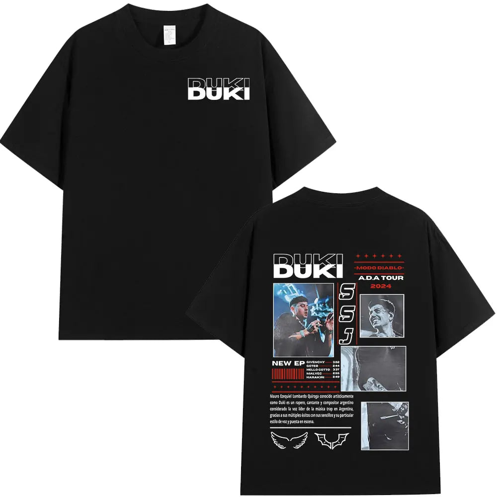 Black cotton rapper duki ada tour merch t-shirt with white text front and detailed graphic back for hip hop streetwear