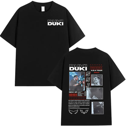 Black cotton rapper duki ada tour merch t-shirt with white text front and detailed graphic back for hip hop streetwear
