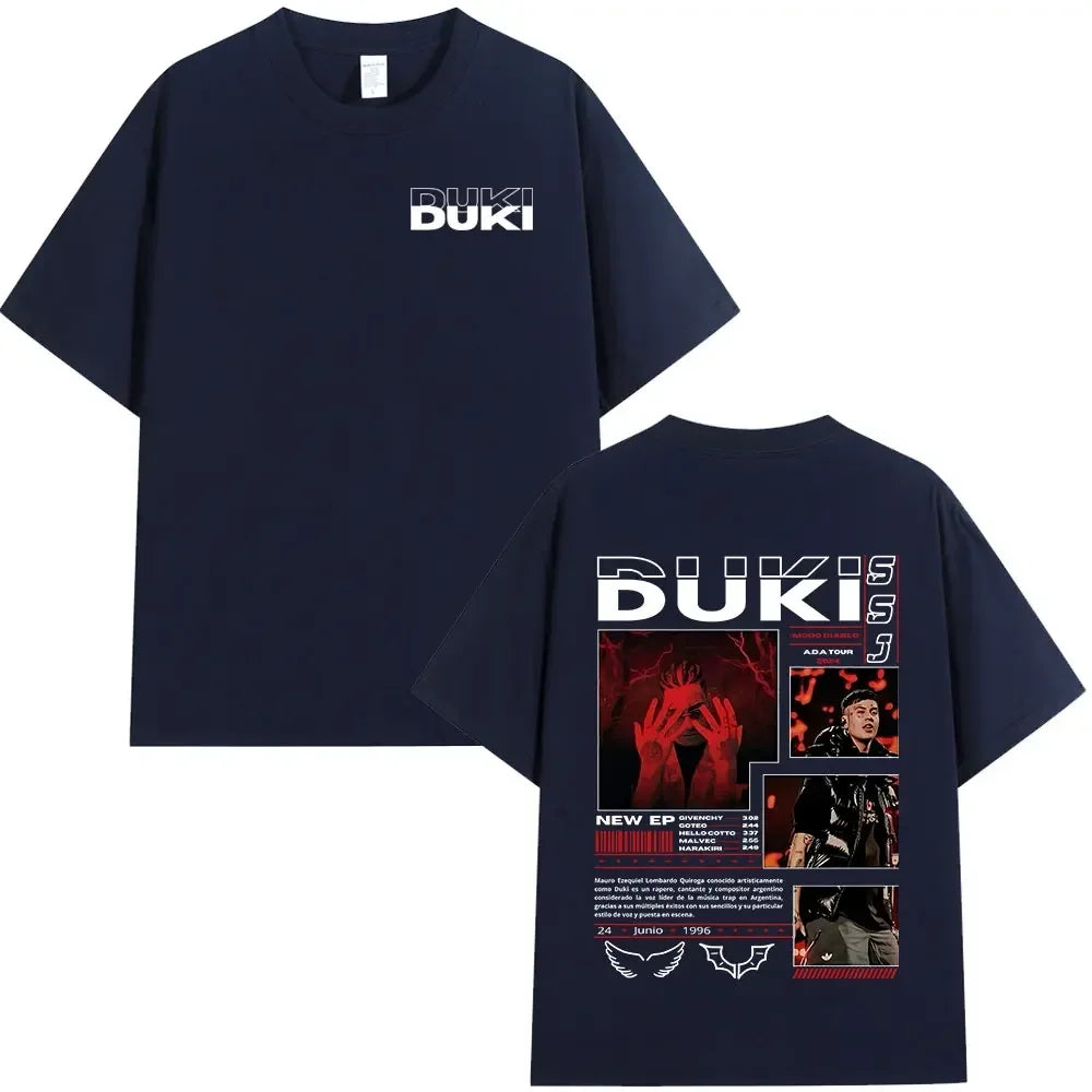Navy blue cotton rapper Duki ADA tour merch t-shirt with white text front and detailed graphic back for streetwear