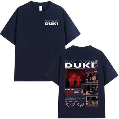 Navy blue cotton rapper Duki ADA tour merch t-shirt with white text front and detailed graphic back for streetwear