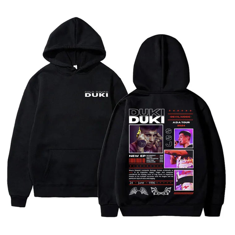 Black hoodie rapper duki merch pullover male trend fleece cotton with devil mode tour graphic and new ep text