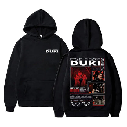 Black hoodie back side featuring bold red and white graphic with rapper duki merch and pullover male trend details
