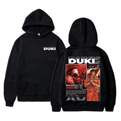 Back view of black rapper duki merch hoodie with bold red white graphic print on fleece cotton pullover male trend