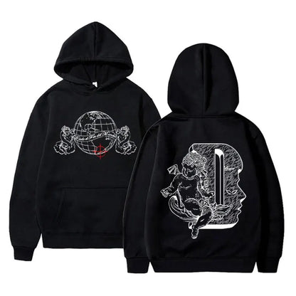 Black hoodie rapper duki merch with white line-art globe and cherubs pullover male trend for men and women fashion
