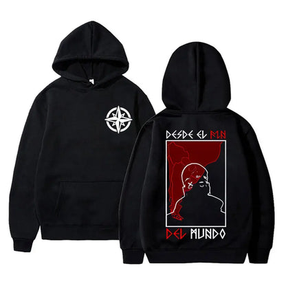 Black rapper duki merch hoodie unisex fleece cotton pullover male trend with compass rose front and desde el mundo back graphic