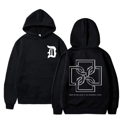 Black hoodie rapper duki merch with white stylized d front and geometric back design pullover male trend streetwear