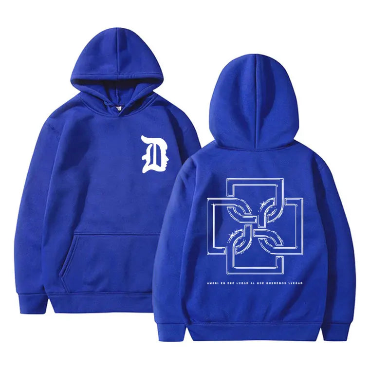 Royal blue rapper duki merch hoodie unisex fleece cotton pullover male trend with white stylized d and geometric back design