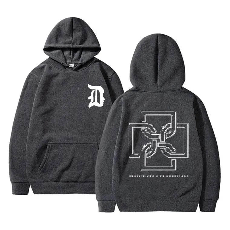 Dark gray rapper duki merch hoodie with white stylized d front and geometric back design pullover male trend fashion