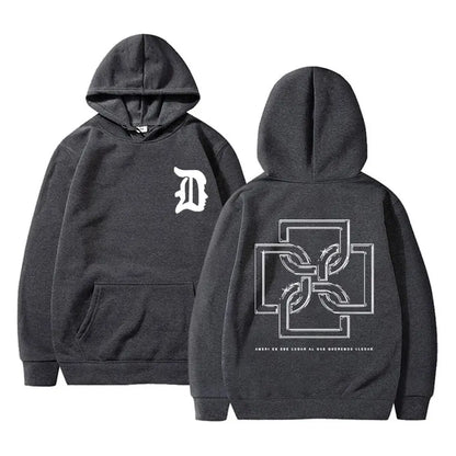 Dark gray rapper duki merch hoodie with white stylized d front and geometric back design pullover male trend fashion