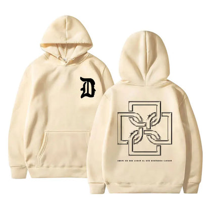 Cream-colored rapper duki merch hoodie pullover male trend with black stylized d front and geometric back design