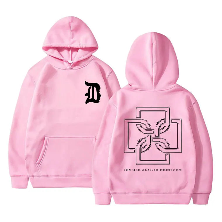 Pink rapper duki merch hoodie with black graphics front and back unisex fleece cotton pullover male trend hoodies men
