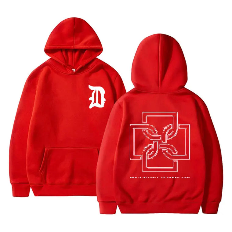 Red hoodie rapper duki merch with white embroidered d and geometric design on back unisex pullover male trend hoodies men