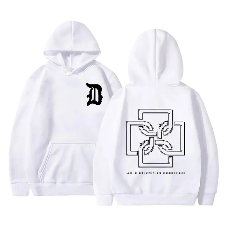 White rapper duki merch hoodie unisex fleece cotton pullover male trend with black d logo and geometric back design