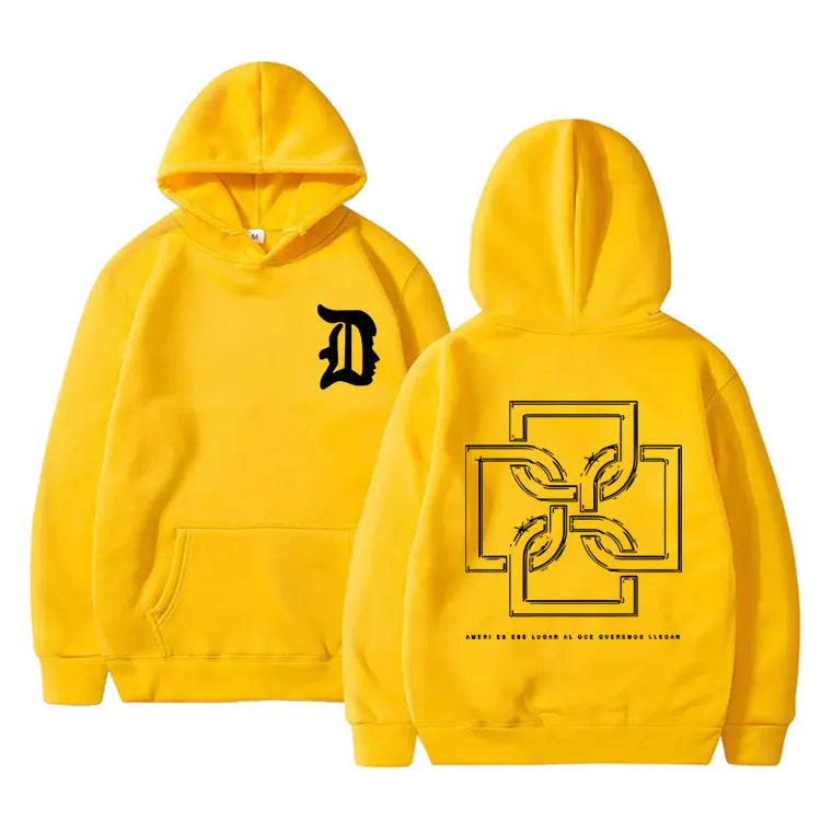 Bright yellow rapper duki merch hoodie fleece cotton pullover male trend with black d and geometric back design