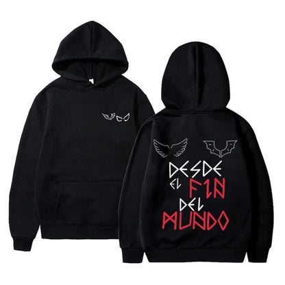 Black hoodie rapper duki merch pullover male trend with white red wing eye graphic and desde el fin del mundo text