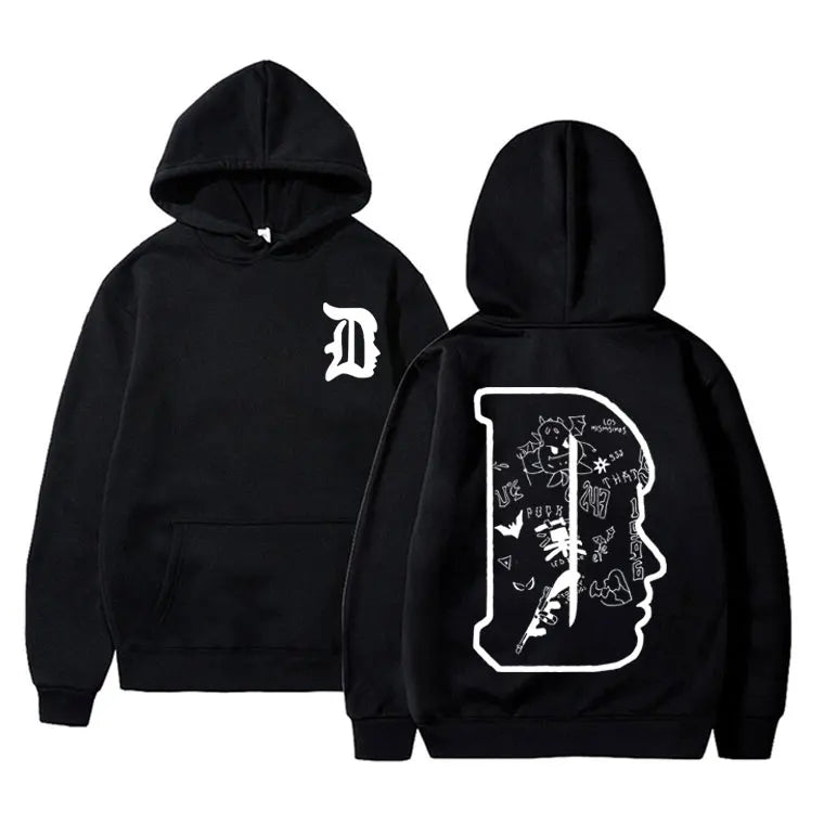 Black rapper duki merch hoodie pullover male trend in cotton fleece with white stylized d and graffiti back design