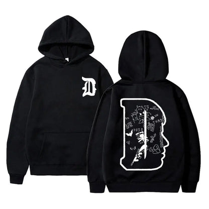 Black rapper duki merch hoodie pullover male trend in cotton fleece with white stylized d and graffiti back design