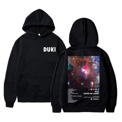 Back side of black rapper duki merch hoodie with cosmic galaxy design pullover male trend oversized fleece cotton streetwear