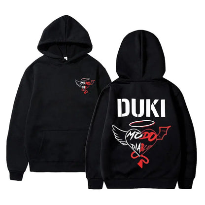 Black hoodie back side with bold white duki graphic and red winged heart design unisex rapper duki merch pullover male trend