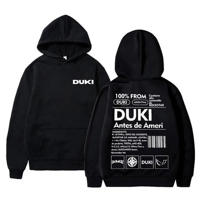 Black duki merch hoodie with bold white graphic design unisex fleece cotton pullover male trend hoodies men streetwear
