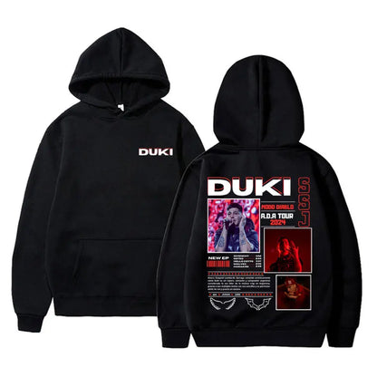 Black hoodie back featuring rapper duki merch graphic print with tour details in unisex fleece cotton pullover male trend