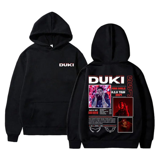 Black hoodie back featuring rapper duki merch graphic print with tour details in unisex fleece cotton pullover male trend