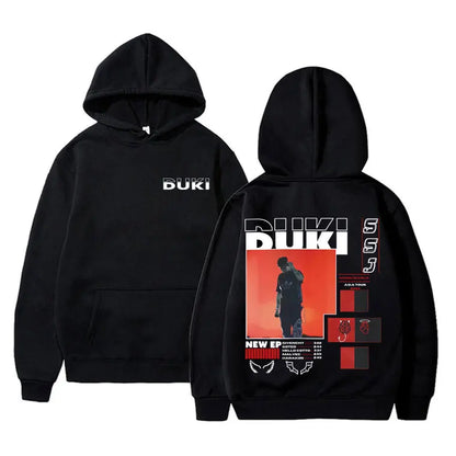 Black hoodie featuring bold red and white graphic on back with rapper duki merch tour details pullover male trend casual fleece cotton