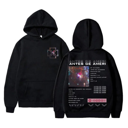 Black hoodie featuring a holographic cross front and jefers del sudeste album art back in rapper duki merch pullover male trend style