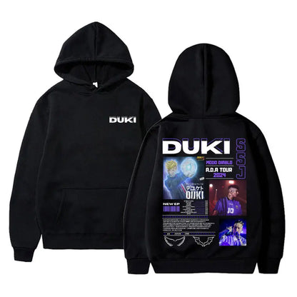 Back view of black rapper duki merch pullover male trend hoodie featuring detailed graphic print and tour info in white on cotton fleece