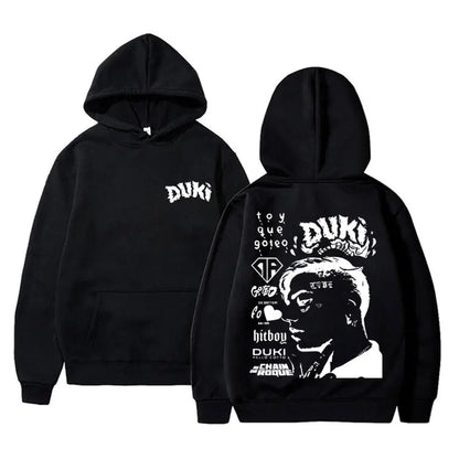 Black hoodie pullover male trend featuring white rapper duki merch graphic print in fleece cotton for trend hoodies men