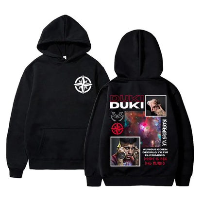Black rapper duki merch hoodie unisex fleece cotton pullover male trend with white compass rose and cosmic graphic back