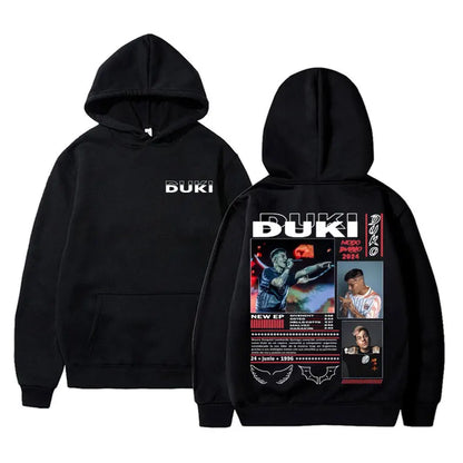 Black hoodie pullover male trend with bold duki graphic print on back featuring rapper duki merch ep release design