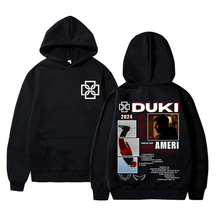 Black rapper duki merch hoodie unisex fleece cotton pullover male trend with white geometric logo front and graphic back