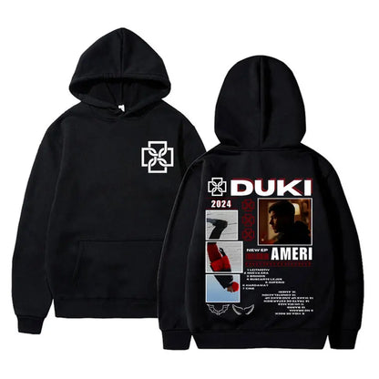Black rapper duki merch hoodie unisex fleece cotton pullover male trend with white geometric logo front and graphic back