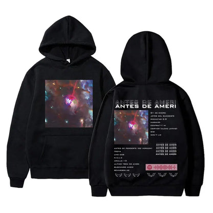 Black hoodie rapper duki merch with vibrant cosmic nebula front and tracklist back featuring spotify logo unisex pullover male trend