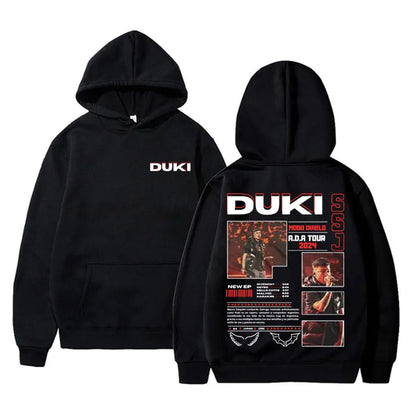 Black hoodie pullover male trend with bold duki graphic print concert tour photos wing and bat motifs on the back